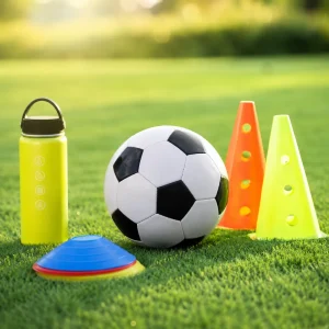 Soccer training equipment for children including a football, agility cones, and water bottle on a grassy field, promoting active play, fitness, and early childhood development.