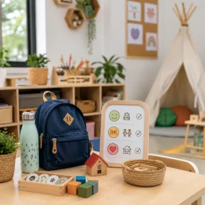 School readiness setup with backpack, water bottle, routine checklist, and learning resources supporting confident transitions.