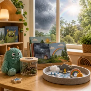 Children's learning activity exploring storms, spiders, and weather concepts through books, sensory play, and comforting classroom resources.