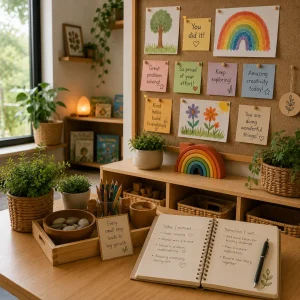 Early learning classroom showcasing developmental observations, positive reinforcement displays, and educator-guided learning experiences.