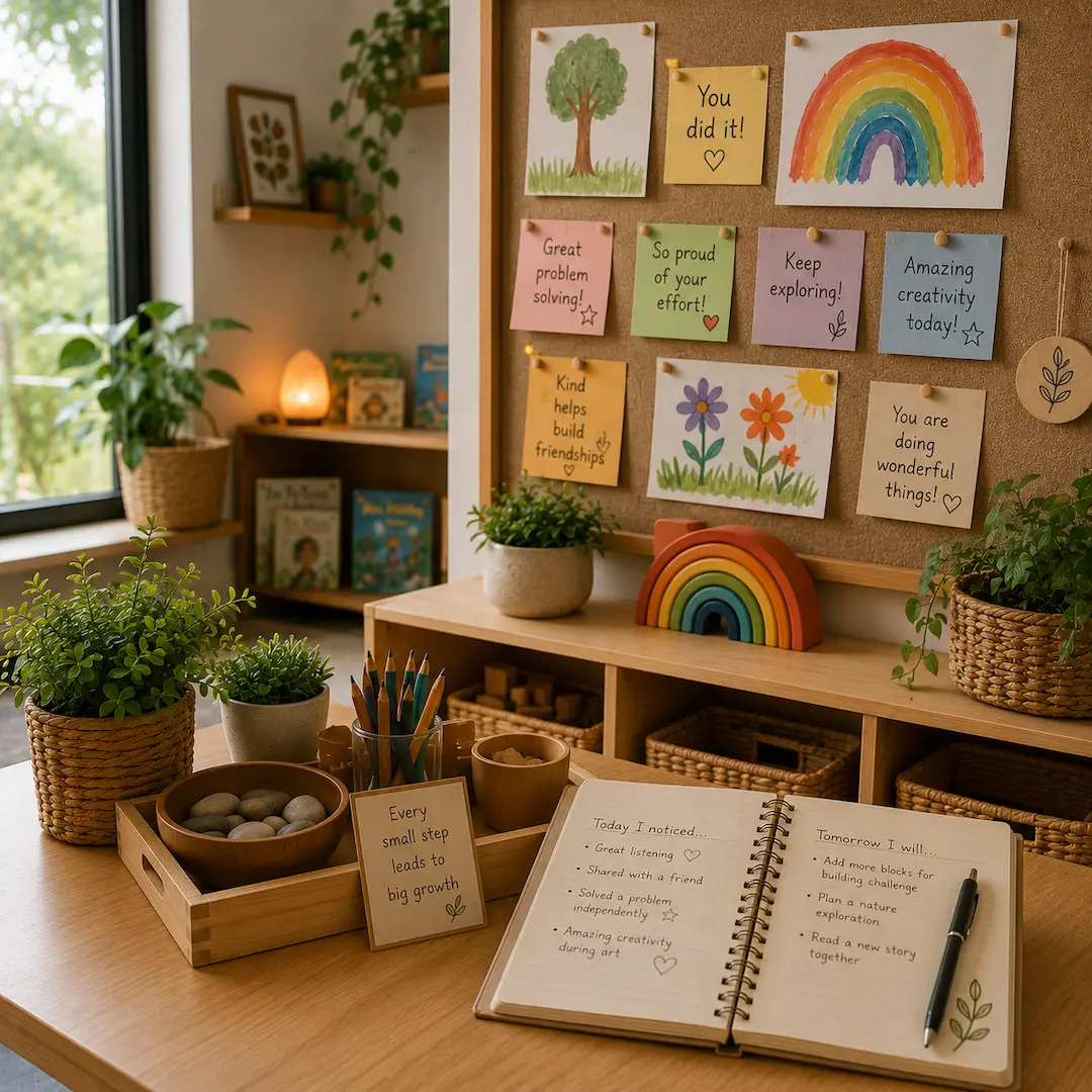 Early learning classroom showcasing developmental observations, positive reinforcement displays, and educator-guided learning experiences.