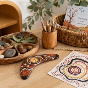 NAIDOC-inspired learning materials featuring Indigenous art patterns, natural resources, storytelling elements, and cultural exploration activities.