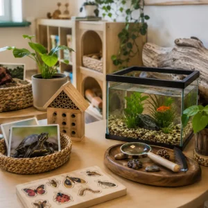 Animal-themed learning station with aquarium, nature observation tools, wildlife resources, and hands-on exploration materials for children.