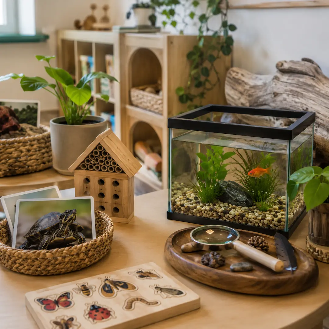 Animal-themed learning station with aquarium, nature observation tools, wildlife resources, and hands-on exploration materials for children.