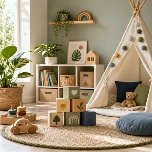 Bright childcare play space with colourful learning blocks, cosy reading corner, and inviting environments that promote happiness.
