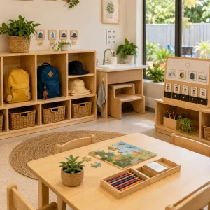 Organised childcare room with backpacks, routine charts, self-help stations, and learning materials that promote independence in children.