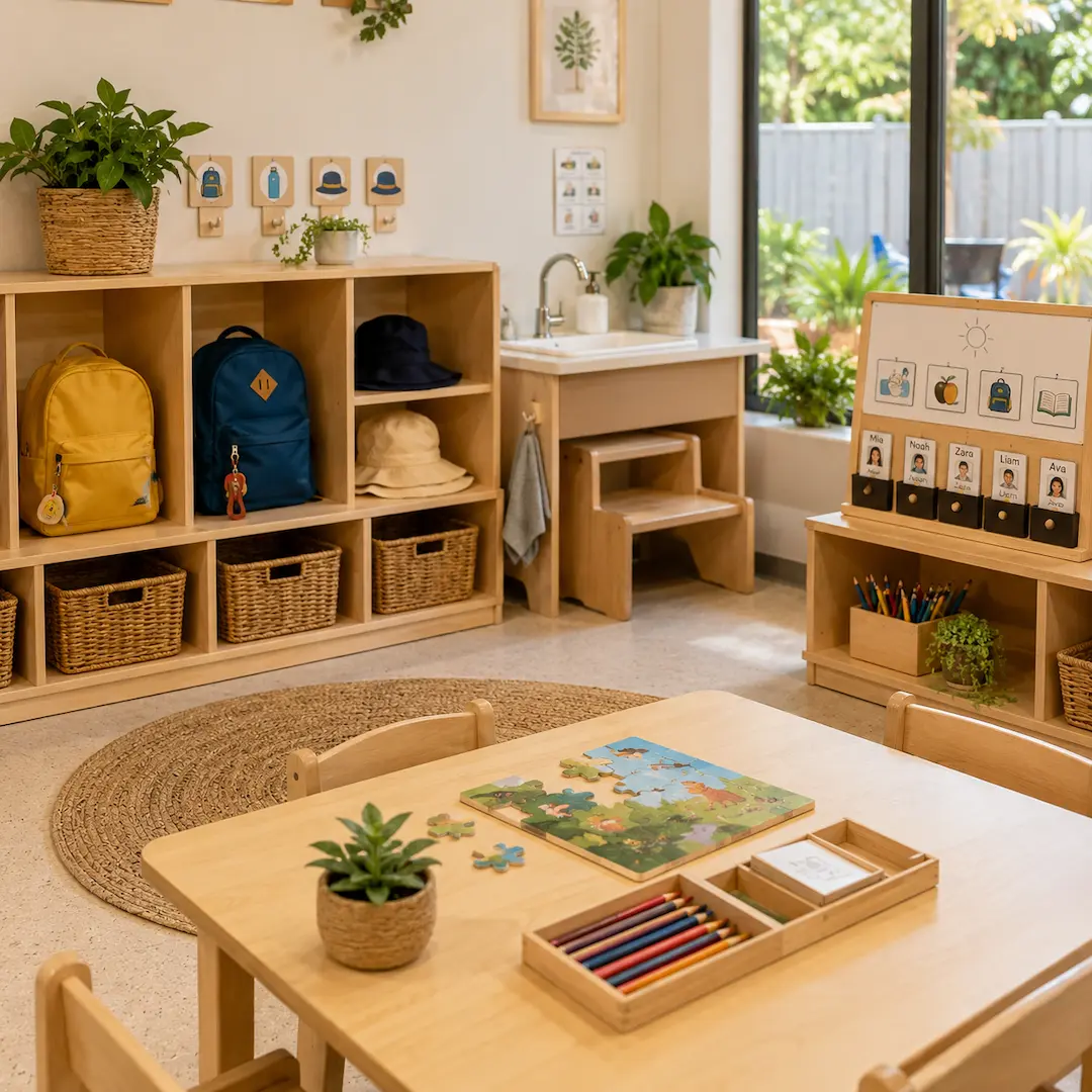 Organised childcare room with backpacks, routine charts, self-help stations, and learning materials that promote independence in children.