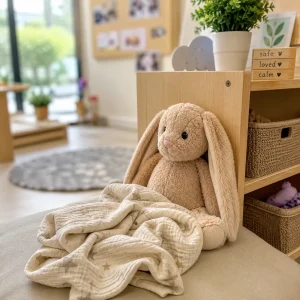 Soft plush comfort toy with blanket in a calm childcare environment, illustrating the role of comfort objects in supporting emotional wellbeing.