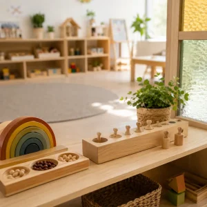 Montessori learning materials including sorting activities, rainbow stackers, and hands-on educational resources supporting child development.