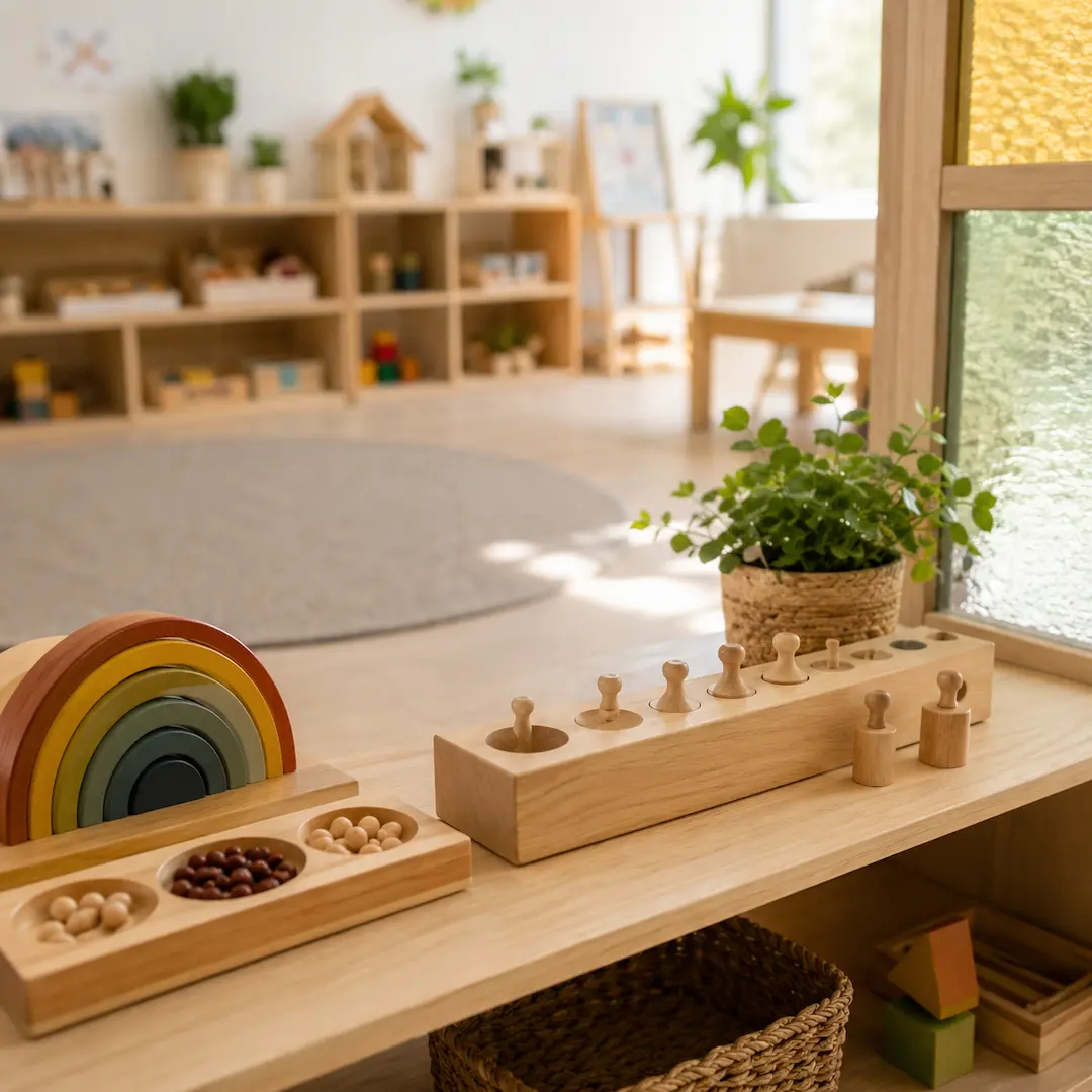 Montessori learning materials including sorting activities, rainbow stackers, and hands-on educational resources supporting child development.