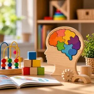 Educational toys and brain-shaped puzzle model with colourful blocks, books, and learning resources in an early childhood classroom, representing cognitive development and early learning skills.