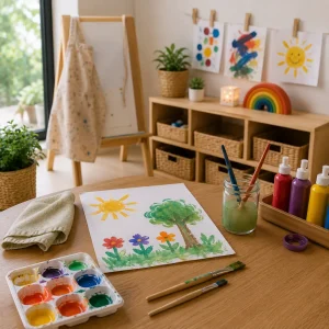 Children's painting activity setup with watercolours, paintbrushes, and colourful artwork in an early learning classroom, encouraging creativity, self-expression, and fine motor development.