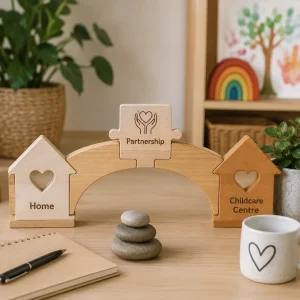 Wooden home and childcare centre blocks connected by a bridge symbolising strong partnerships between families and educators.