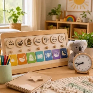 Visual daily routine board with learning, meal, play, and rest activities helping children understand predictable childcare schedules.