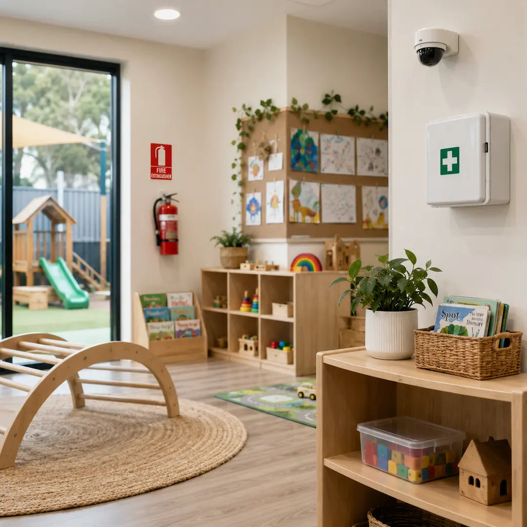 Safe childcare classroom with organised learning areas, first aid equipment, secure indoor spaces, and outdoor play access.