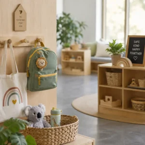 Calm childcare entrance with organised belongings, comfort items, and welcoming learning spaces supporting smooth daily drop-offs.