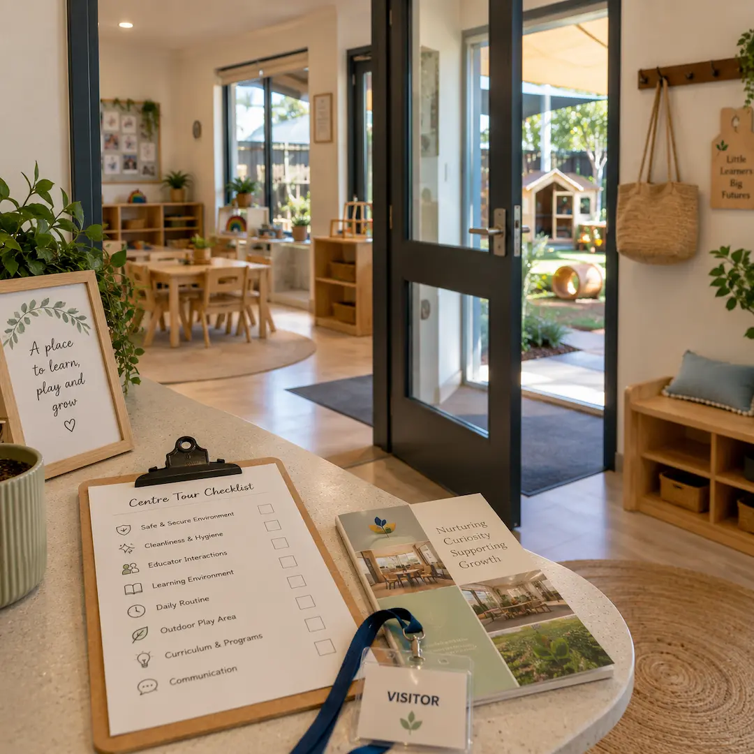 Childcare centre reception area with tour checklist, visitor pass, and learning environment information for prospective families.