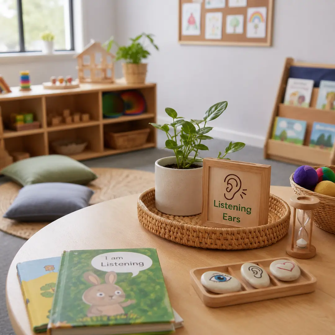 Quiet learning space with listening activities, books, sensory materials, and focus-building resources for young children.