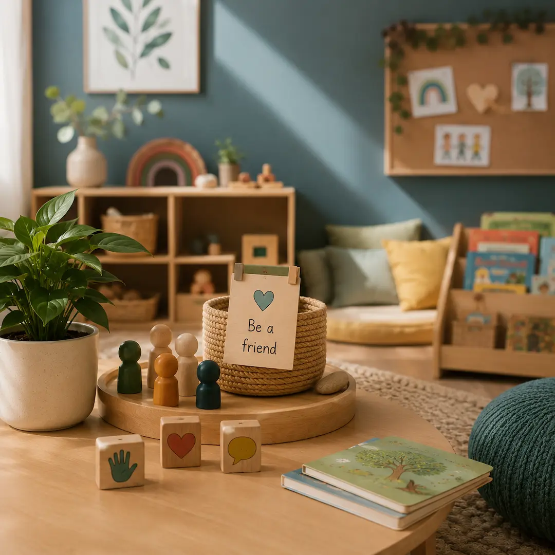 Childcare learning area with friendship-themed resources, cooperative play materials, and activities supporting social development.
