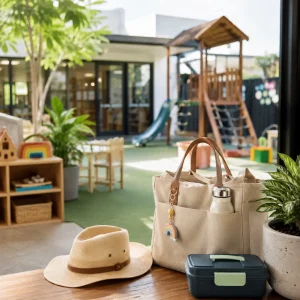Childcare centre entrance with family essentials including a lunchbox, hat, and bag, highlighting support for working families in Ipswich.