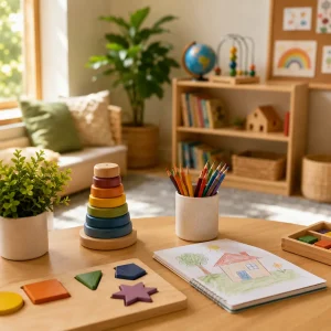 Bright preschool learning space with educational toys, drawing activities, and resources that encourage a positive attitude toward learning.