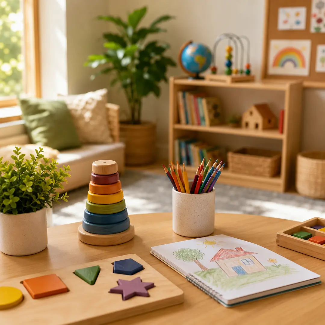 Bright preschool learning space with educational toys, drawing activities, and resources that encourage a positive attitude toward learning.
