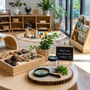 Discovery-focused childcare activity table with natural objects, magnifying tools, and hands-on learning materials for exploration.