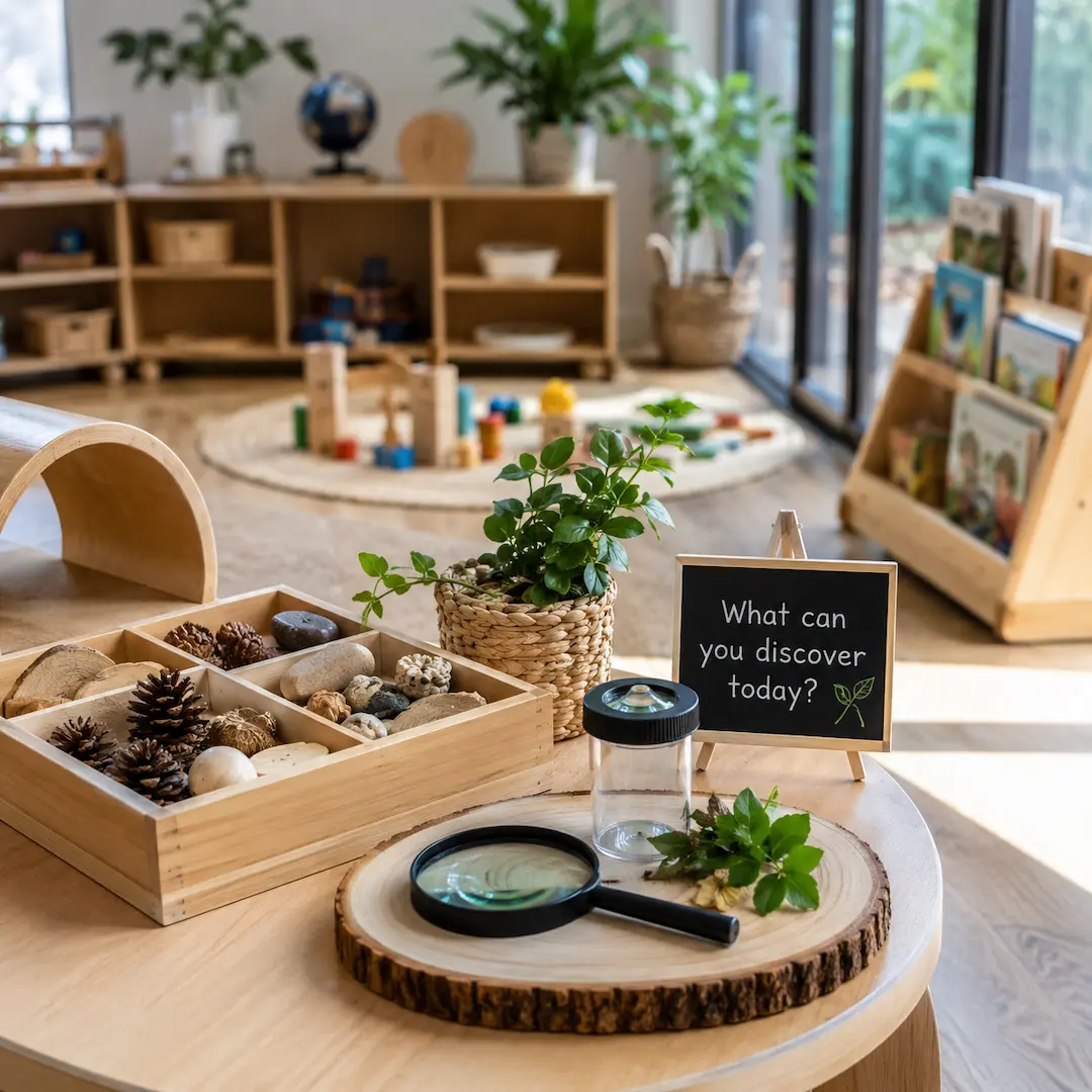 Discovery-focused childcare activity table with natural objects, magnifying tools, and hands-on learning materials for exploration.