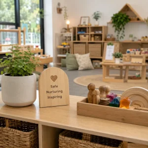 High-quality childcare classroom featuring nurturing learning spaces, natural materials, and welcoming educational environments.