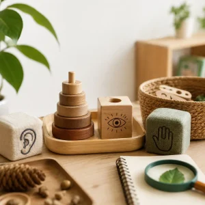 Educational learning materials including sensory blocks, stacking toys, and discovery tools designed to support different learning styles.
