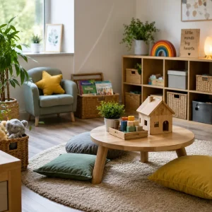 Warm and inviting childcare room with comfortable reading corners, educational toys, and a home-like atmosphere for children.