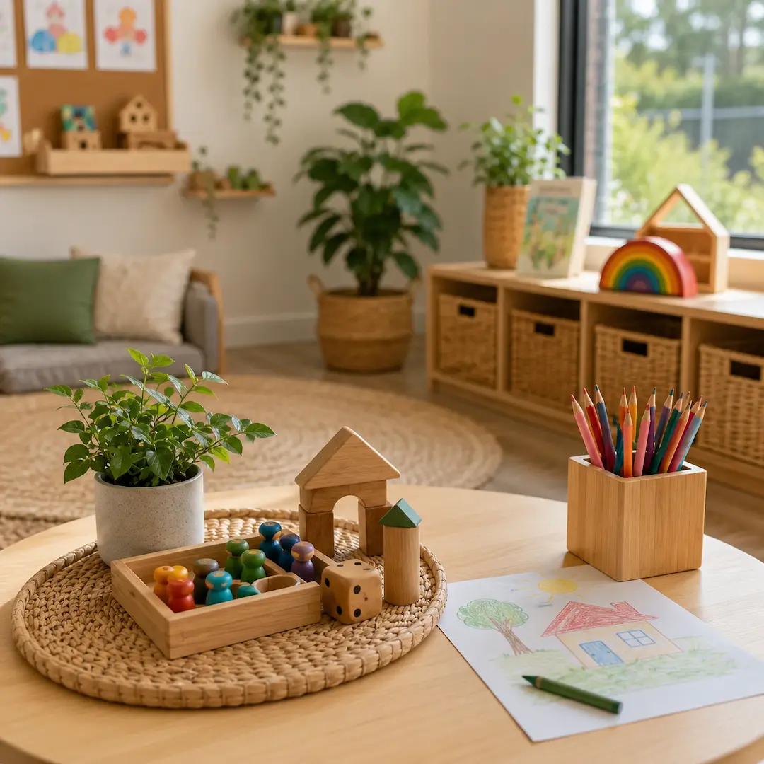 Natural early learning classroom with creative play materials, wooden toys, art activities, and hands-on resources that encourage imagination, confidence, and learning through play.
