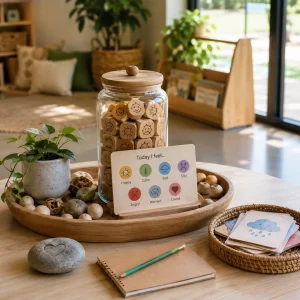 Emotional learning activity station with feelings cards, reflection tools, and resources that support children's emotional development.