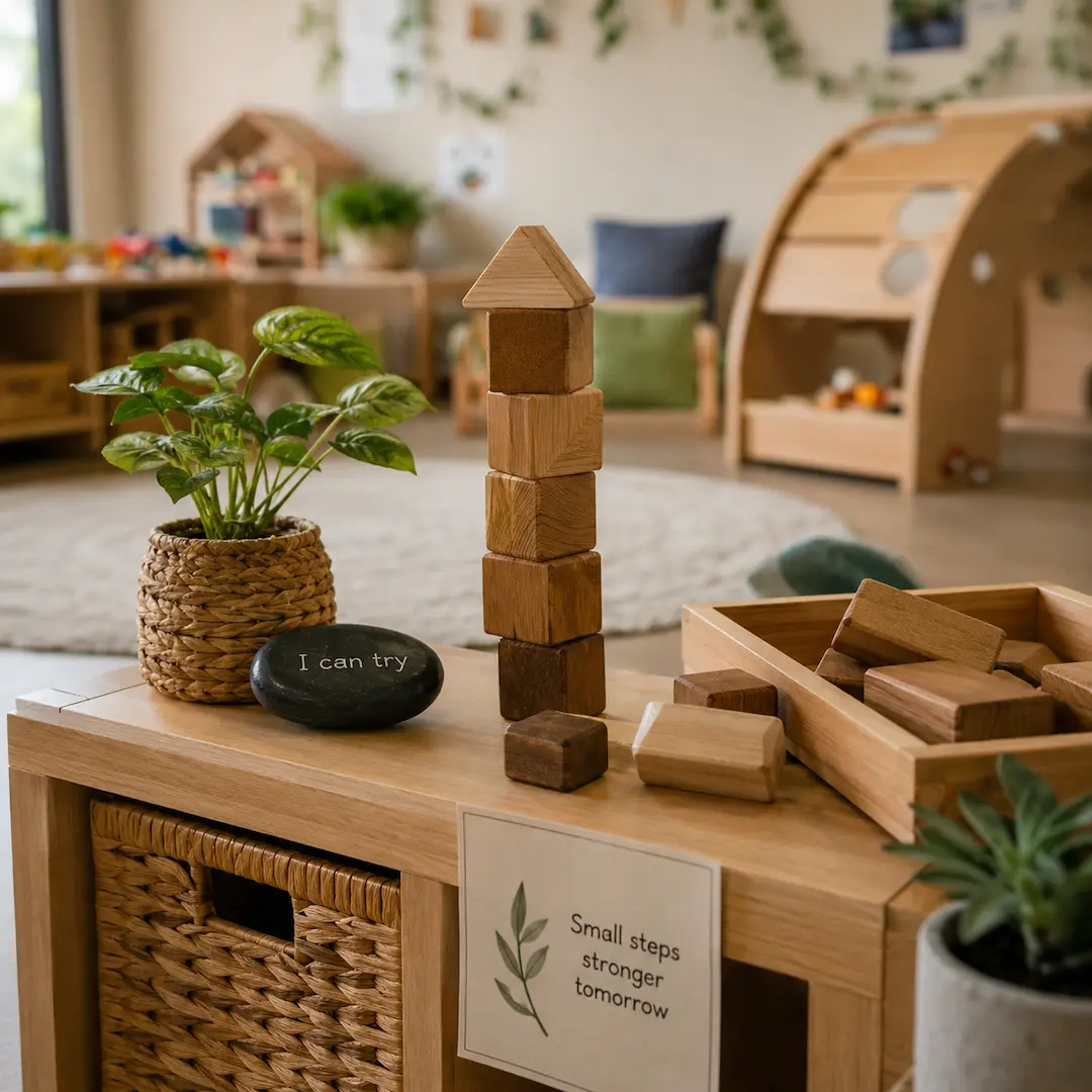 Wooden block tower and motivational learning resources in a childcare setting designed to build resilience and confidence in children.