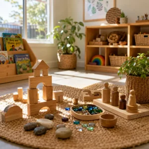 Play-based learning environment with wooden blocks, loose parts, and creative materials encouraging imagination and problem-solving.