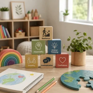 Bright childcare play space with colourful learning blocks, cosy reading corner, and inviting environments that promote happiness.