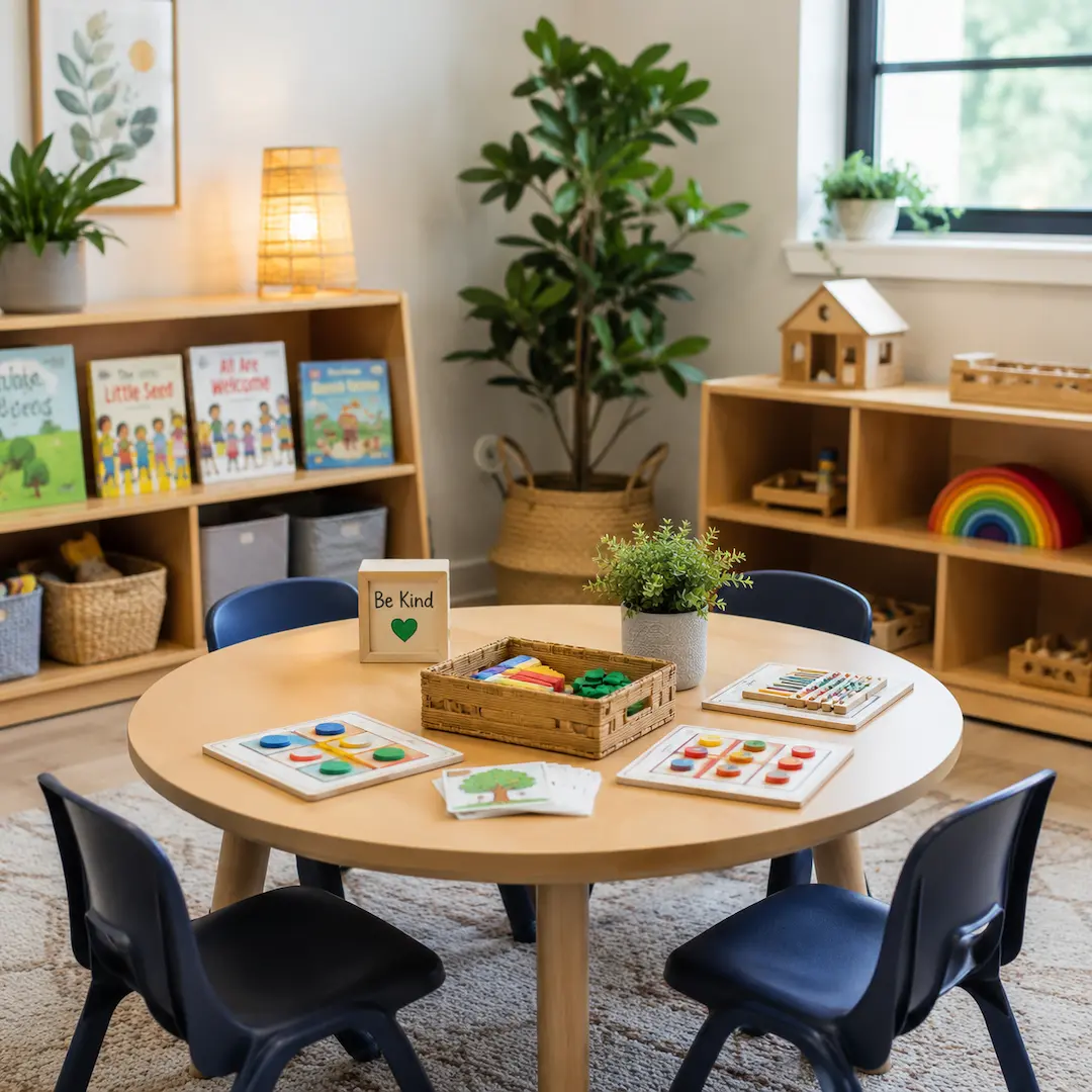 Small group learning setup with child-sized chairs, educational activities, and collaborative play resources in a preschool classroom.