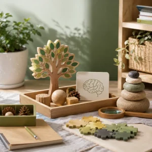 Cognitive development activity setup with puzzles, natural materials, problem-solving toys, and brain development learning tools.