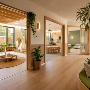 Modern childcare centre interior with connected learning rooms, calm spaces, and child-friendly environments supporting transitions.