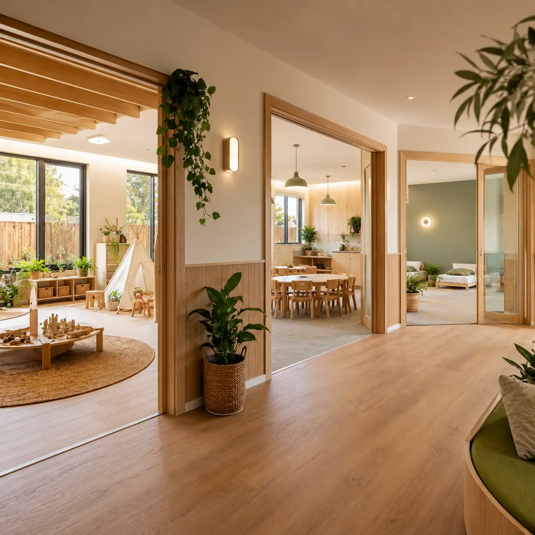 Modern childcare centre interior with connected learning rooms, calm spaces, and child-friendly environments supporting transitions.