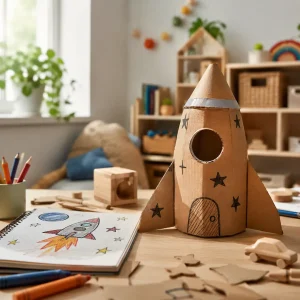 Creative preschool activity with a handmade cardboard rocket, drawing materials, and imaginative play resources for children.