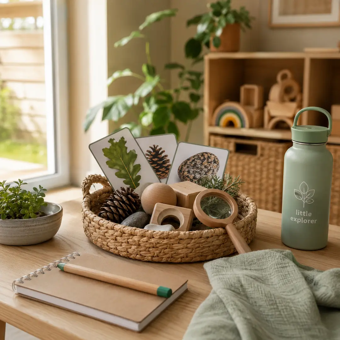 Nature-based learning tray with leaves, pinecones, observation tools, and discovery materials encouraging everyday learning experiences.
