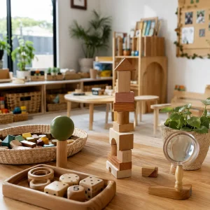 Creative play area with building blocks, stacking activities, and open-ended learning materials that encourage confidence and independence.