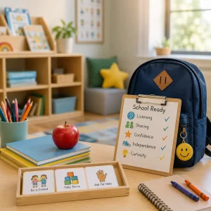 School readiness activity setup with a backpack, learning checklist, and social development resources preparing children for classroom success.
