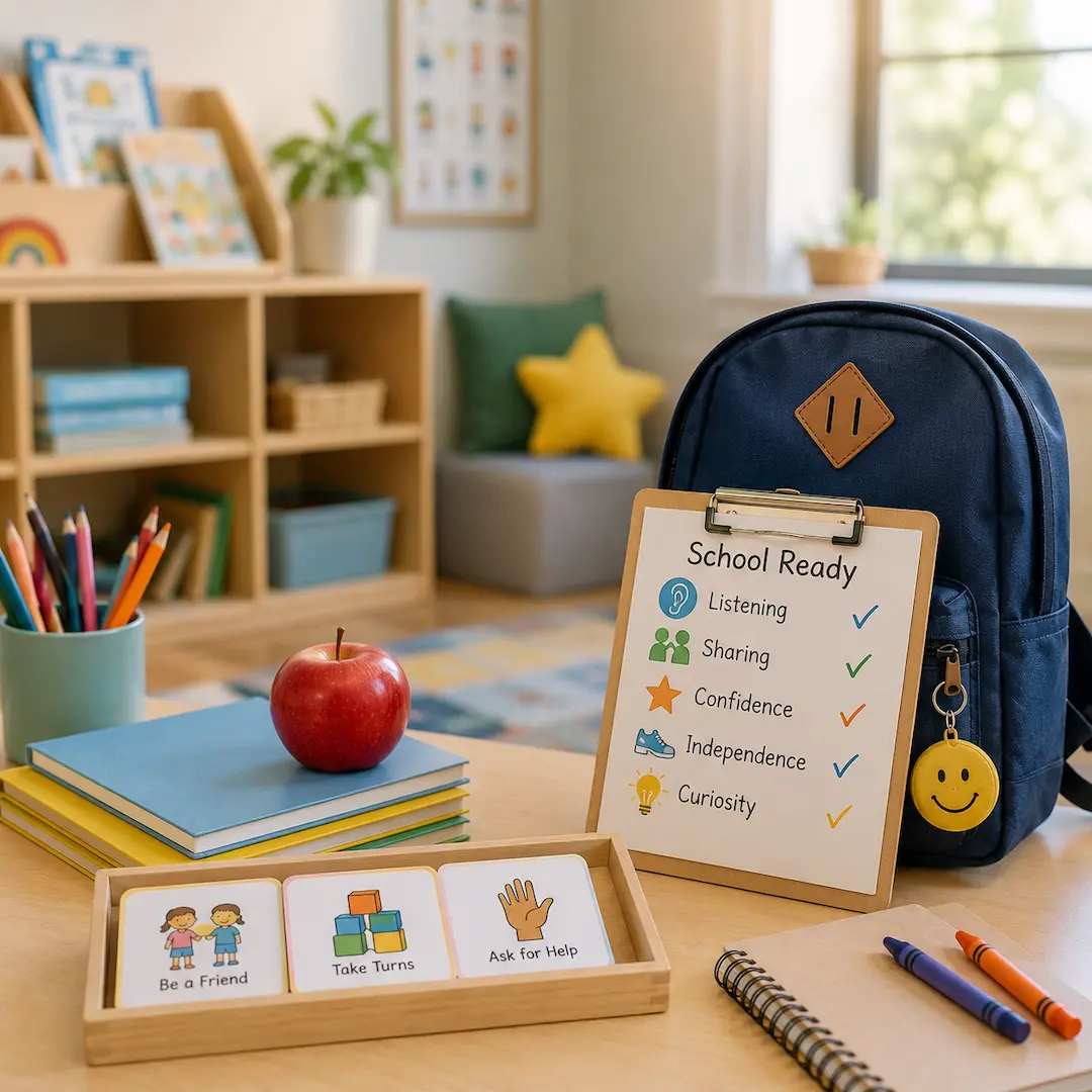 School readiness activity setup with a backpack, learning checklist, and social development resources preparing children for classroom success.
