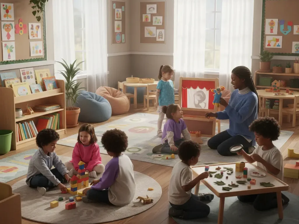 A warm and inviting childcare center with diverse children playing and learning in a colorful, safe, and nurturing space, guided by a caring teacher.