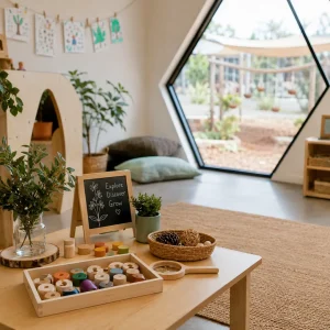 Natural early learning classroom in Ipswich featuring educational toys, sensory materials, and a welcoming play-based learning environment.