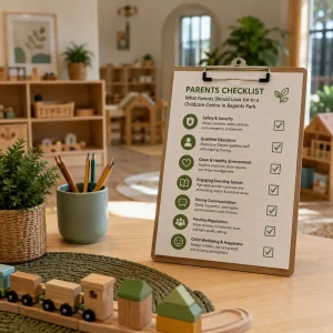 Childcare centre checklist highlighting safety, qualified educators, learning environments, and key features parents should consider.