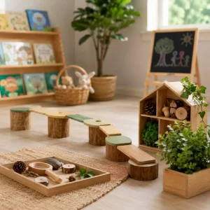 Nature-inspired early learning environment with sensory play materials, balance activities, and educational resources for young children.