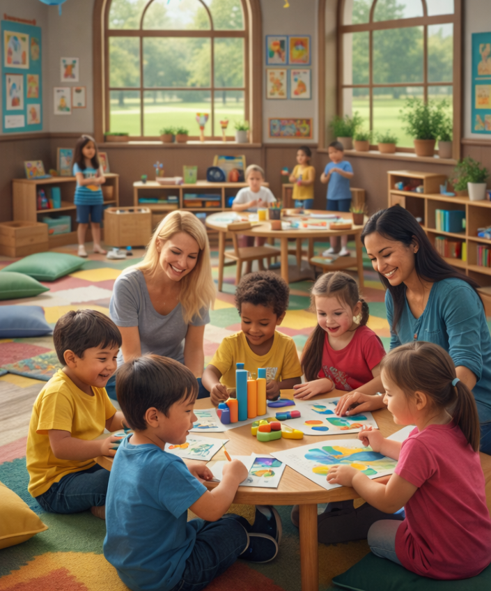 Children learning and playing in a bright, safe childcare centre in Ipswich with educators and creative activities